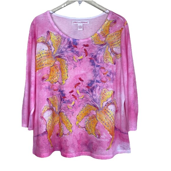Leoma Lovegrove Womens Size 2X Pink Yellow Lilies Tropical Print Tunic Top XXL - Picture 2 of 6